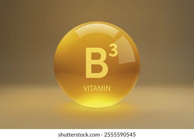 A golden glossy sphere representing Vitamin B3, commonly known as Niacin, on a gradient background