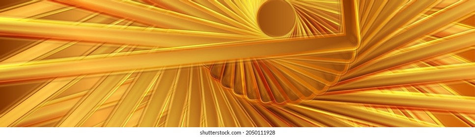 Golden glossy stripes abstract round geometric tech pattern. Vector banner background