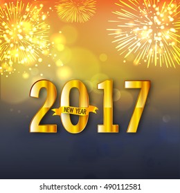 Golden glossy Text Design 2017 with Ribbon, Sparkling Fireworks Festive Background for Happy New Year Celebration.