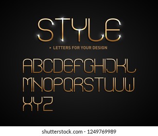 Golden glossy thin vector font or gold alphabet with shadow. Yellow metal typeface. Metallic golden abc, alphabet typographic luxury illustration. 