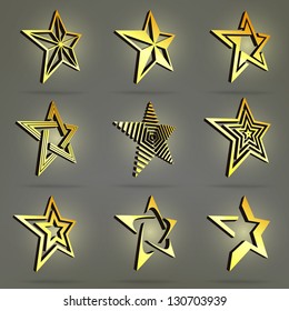 Golden and glossy three-dimensional point star collection of emblem icon design elements, eps10 vector set of nine