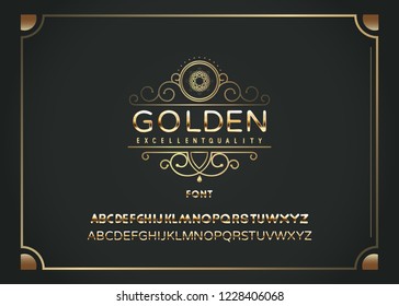 Golden glossy vector font or gold alphabet. Yellow metal typeface. Metallic golden abc, alphabet typographic luxury illustration. 