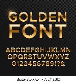 Golden Glossy Vector Font Or Gold Alphabet. Yellow Metal Typeface. Metallic Golden Abc, Alphabet Typographic Luxury Illustration