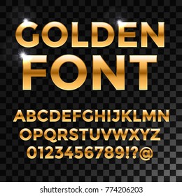 Golden glossy vector font or gold alphabet. Yellow metal typeface. Metallic golden abc, alphabet typographic luxury illustration for your web design.