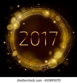 Golden glow 2017 new year background vector illustration. Calendar greeting card design typography template. Round frame with shining stars and sparkles with bokeh.