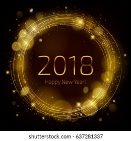 Golden glow 2018 new year background vector illustration. Calendar greeting card design typography template. Round frame with shining stars and sparkles with bokeh.