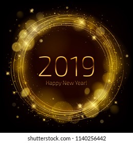 Golden glow 2019 new year background vector illustration. Calendar greeting card design typography template. Round frame with shining stars and sparkles with bokeh.
