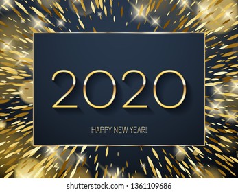 Golden glow 2020 new year background vector illustration. Calendar greeting card design typography template. Frame with shining stars and sparkles with bokeh.