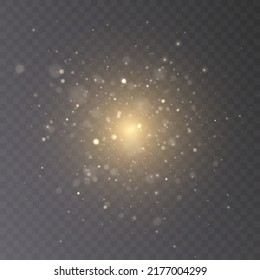 Golden glow effect, glare, explosion, sparks, sun glare, sparks and stars on a transparent background.