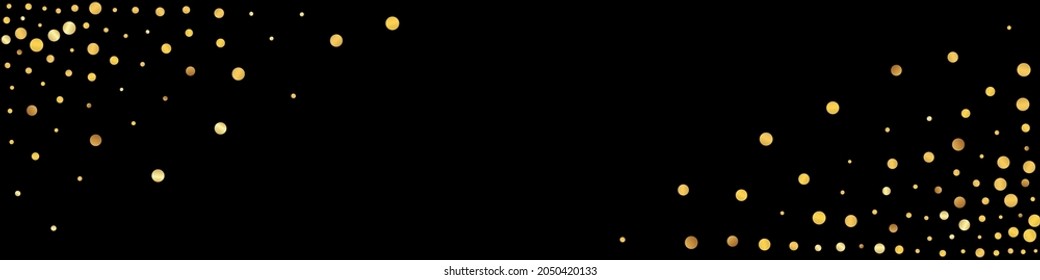 Golden Glow Isolated Vector Panoramic Black Background. Rich Shine Backdrop. Gold Dot Bright Postcard. Confetti Luxury Design.