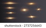 Golden glow light flare set with horizontal beams and sparkles on transparent background. Perfect for highlight overlays in photo editing, luxury product banners, social media posts