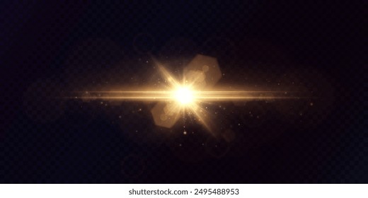 Golden glow light on transparent background. Golden bright spark shining vector illustration. Flash of light with rays in space. Sunlight sparkles with rays and glare.