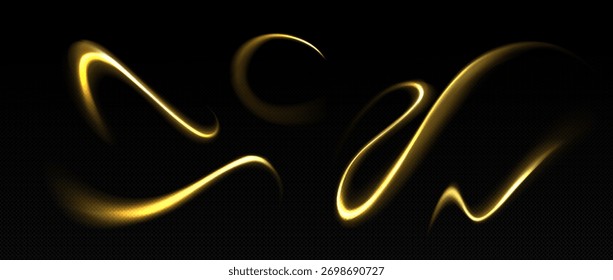Golden glow light twirl with magic wave curves and luminous effect on transparent background. Shiny line trails, flowing motion elements for abstract design, luxury presentations or festive decoration
