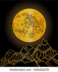 Golden glow. North star. Moon, moonlight on top, mountain slopes, mountain landscape, hilly terrain. Pattern, background, vector illustration. Night landscape. Harmony, meditation. Nature. Art.  Sun.