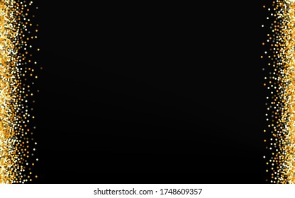 Golden Glow Paper Black Background. Rich Splash Pattern. Gold Rain Falling Postcard. Shine Transparent Banner.