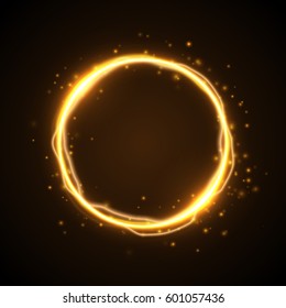 Golden glow round frame with electric discharge effect and many shine particles isolated on dark background. Vector illustration for your design
