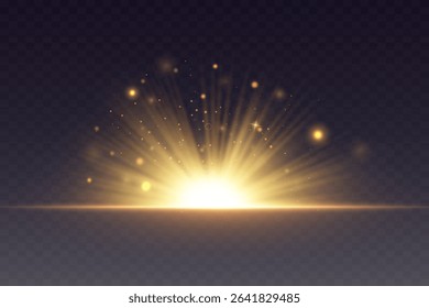 Golden glow of sun rays, special effect of flash with rays of light.Vector.EPS 10.