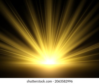 El brillo dorado de los rayos solares. Luz amarilla aislada sobre fondo negro. Luz solar brillante dorada, estallido transparente, amanecer matutino. Ilustración realista del vector de fondo del clima soleado