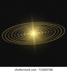 Golden glow vector light effect, galaxy with planet orbit circles shining halo. Decorative glittering sparkles, stardust