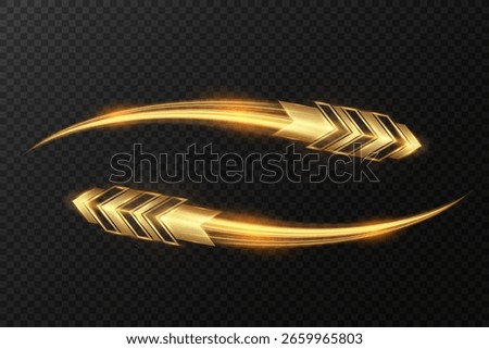 Golden glowing arrow with light trail, shiny dynamic tech symbol, futuristic abstract direction shape on dark background, fast motion speed concept