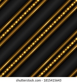 Golden glowing background with light shine effect. Geometric pattern with lines and LED strips with neon glow. Gold on black. modern trendy design, luxury backdrop. Vector illustration