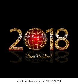 Golden glowing ball and stars on a black background. Red and gold globe. Happy New Year 2018