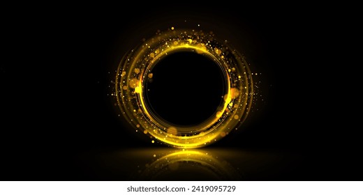 Marco de círculo dorado brillante con brillo brillante sobre fondo negro. Ilustración vectorial realista del elemento redondo de neón con chispas brillantes doradas y reflexión. Brillante brillante anillo brillante.
