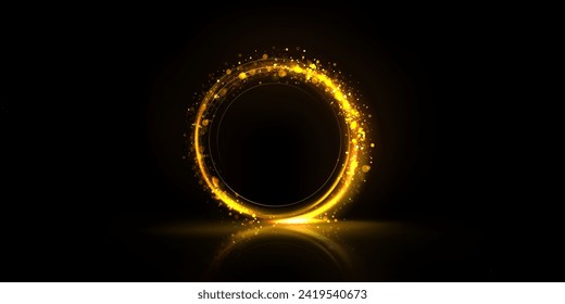 Golden glowing circle frame with glitter sparkle on black background. Realistic vector illustration of neon light round element with gold shiny sparks and reflection. Bright flare glossy ring.