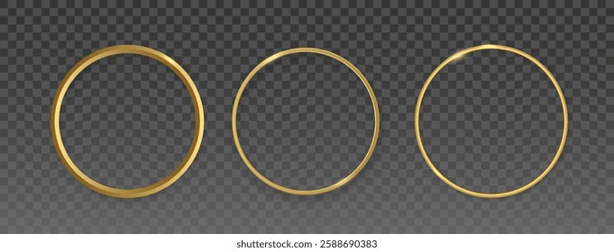 Golden glowing circle frame with shiny light reflection on a transparent background, elegant round ring design for luxury decoration, magic portal effect, minimalist luminous golden halo for creative 