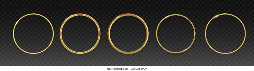 Golden glowing circle frame with shiny light reflection on a transparent background, elegant round ring design for luxury decoration, magic portal effect, minimalist luminous golden halo for creative 
