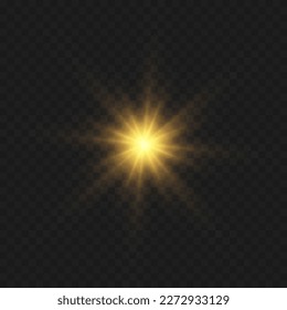 Golden glowing circle of light burst, star, explosion on transparent background.
