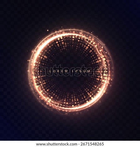 Golden glowing circular frame made of sparkling particles on transparent background. Used as energy portal, futuristic HUD element, magic circle, and digital design overlay.
