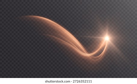 Un cometa dorado brillante de luz con un destello brillante aislado en un fondo transparente. Vector de energía para superposiciones e ilustraciones.