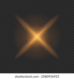Golden glowing cross-shaped starburst with soft radiance on a transparent background. Shiny light effect for overlays, festive decorations, highlights, and magical designs.