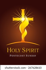 Golden glowing crucifix. Christian church vector logo. Fiery flaming shining crucifixion gold colored, Calvary hill. Religious flier, invite, greetings. Trinity holiday celebrating. Pentecost sunday.