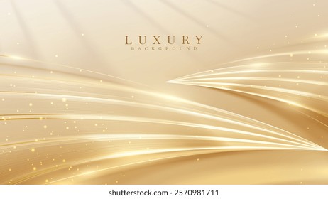 Golden glowing curves decorated with bokeh effect on a creamy luxury abstract background, elegant poster template. Vector illustration.