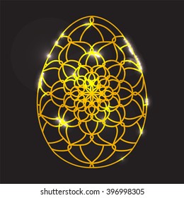 Golden Glowing Easter egg with Mandala pattern with Highlights on it. Abstract egg. Ideal for Greeting Happy Easter Card or Decorative Design Element.