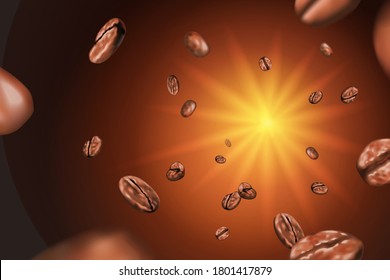 Golden glowing effect background with 3d illustration coffee beans flying around