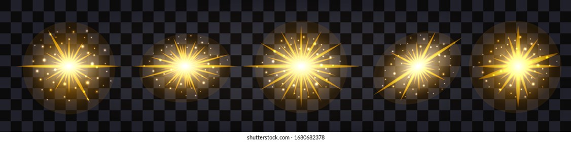Goldener Glüheffekt mit Funkeln und Lichtblitz. Sonne, goldener Stern, glänzende Partikel. Set von isolierten Elementen. Vektorillustration