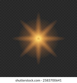 Golden glowing eight-point starburst with soft light on a transparent background. Bright radiance for overlays, festive decorations, magical highlights, and luminous effects.