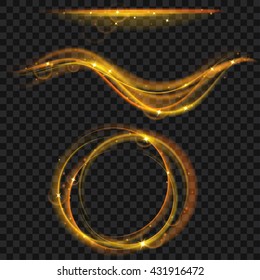 Golden glowing fire rings and waves with glitter. Light effects