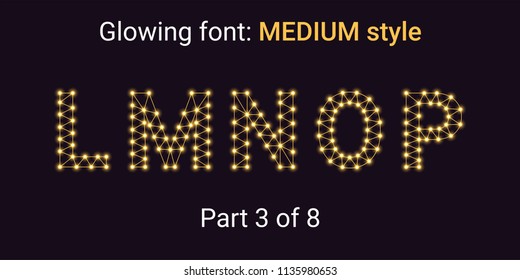 Golden Glowing font in the Outline style. Vector Alphabet with Connections, Lines, Polygonal structure and Glowing knots. Medium style, part 3 with uppercase letters L M N O P