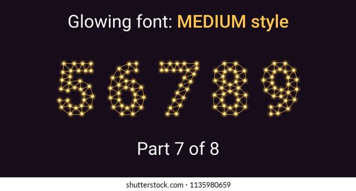Golden Glowing font in the Outline style. Vector Alphabet with Connections, Lines, Polygonal structure and Glowing knots. Medium style, part 7 with numbers 5 6 7 8 9