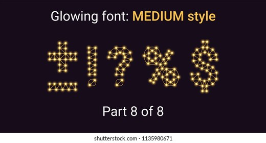 Golden Glowing font in the Outline style. Vector Alphabet with Connections, Lines, Polygonal structure and Glowing knots. Medium style, part 8 with symbols Plus, Minus, Percent, Dollar and other