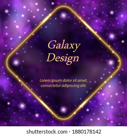 Golden glowing frame on galaxy space background. Gold rhumb border and magic cosmic world with shiny stars. Banner or poster design Vector illustration