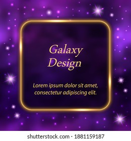 Golden glowing frame on galaxy space background. Gold rectangular border and magic cosmic world with shiny stars. Banner or poster design Vector illustration