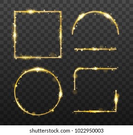 Golden glowing frames and elements with shiny sparks. Decorative element for banner or templates on transparent background. vector illustration