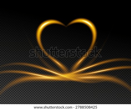 Golden glowing heart with luminous light trails and radiant energy waves on transparent background. Romantic love symbol with elegant neon illumination, sparkling glow and festive design element.