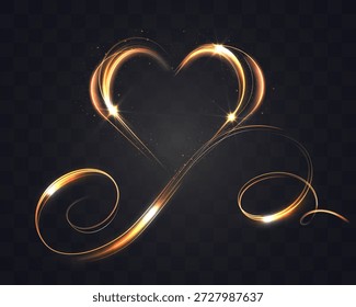 Golden glowing heart made of elegant swirling light lines with sparkling accents on a transparent background.