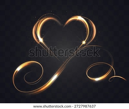 Golden glowing heart made of elegant swirling light lines with sparkling accents on a transparent background.